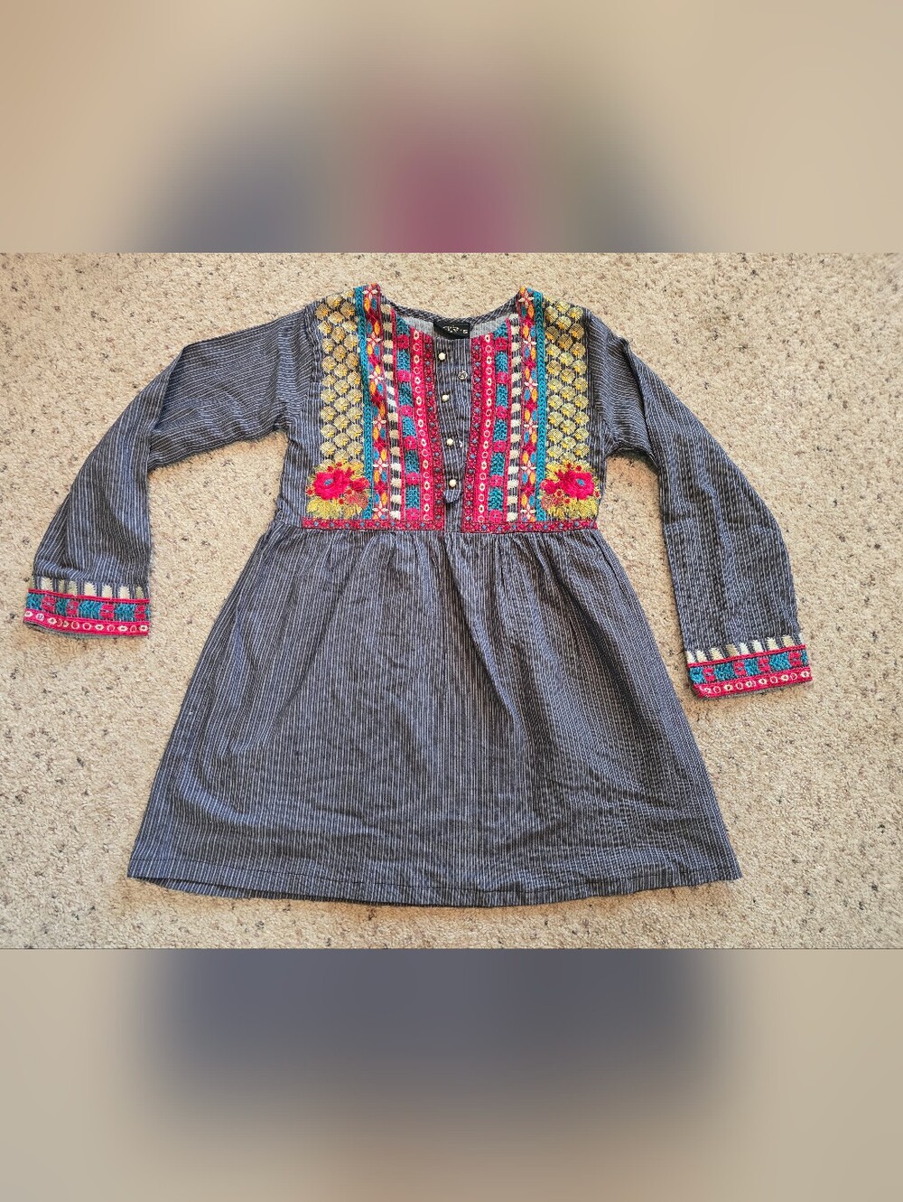 embroidered stripe tunic dress in gray with multicolor accents